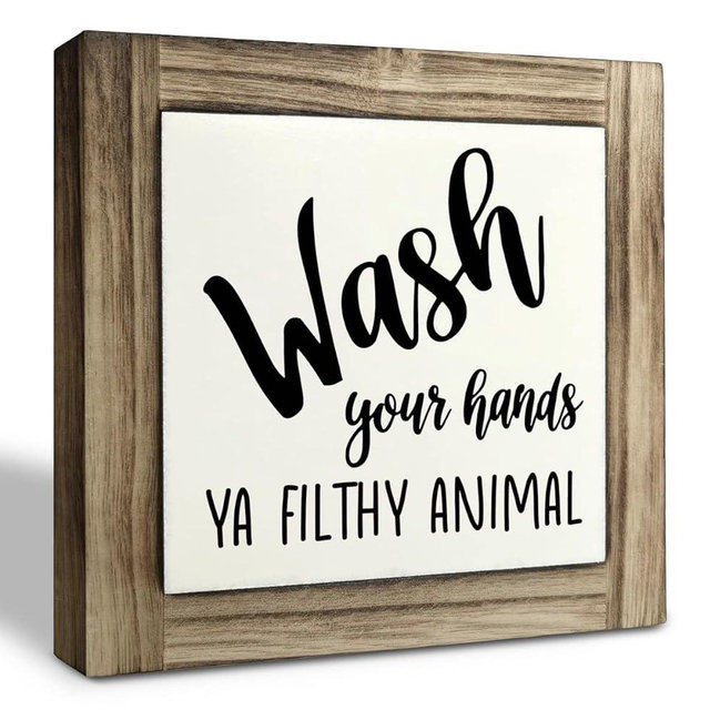 Funny Restroom Wood Plaque Sign, Wash Your Hands Ya Filthy Animal, Box Wood Plaques Desk Décor 5.9×5.9×0.7inch, Restroom Décor, Wooden Quote Signs Décor, Shelf Décor Home, Bathroom Tabletop Box Décor