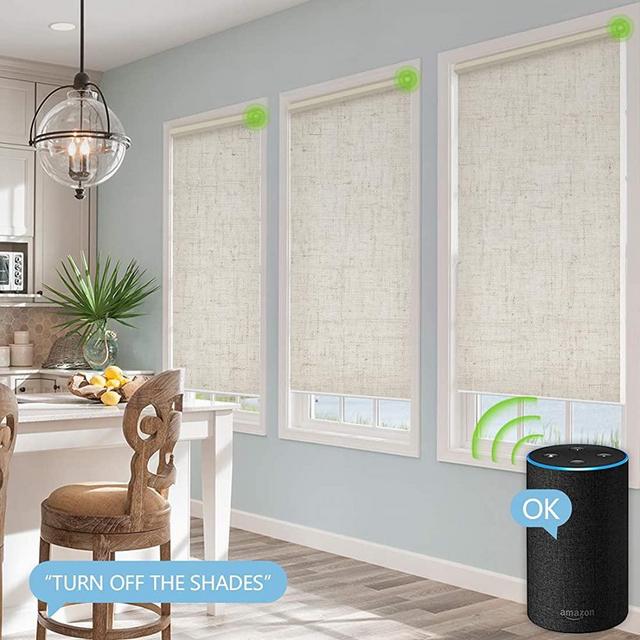 Yoolax Motorized Roller Shades Cordless Half-Shading Free-Stop Roller Blinds Rechargeable Window Blinds Work with Alexa Customized Size (Linen Beige)