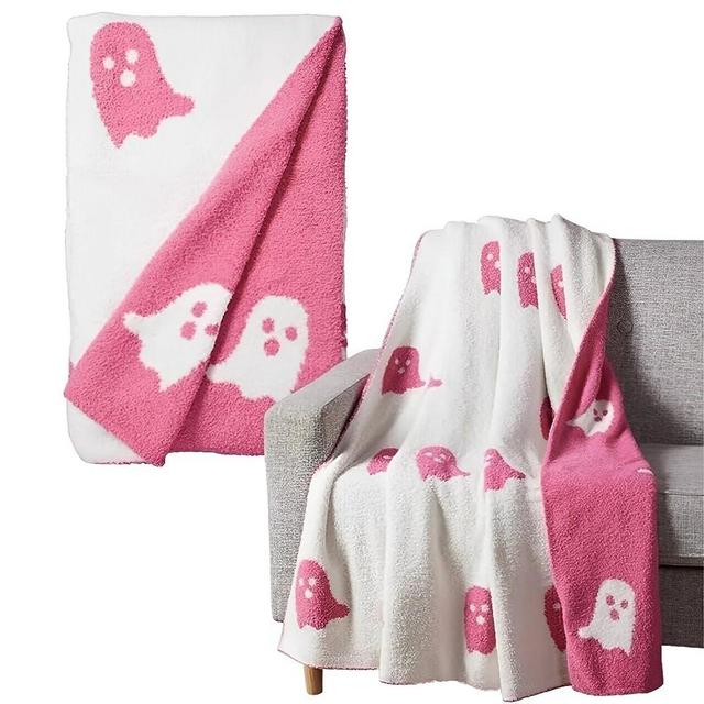 2023 Halloween Viral Pink Ghost Blanket Flannel Reversible Super Soft for All Seasons Blankets Kawaii Plush Cute Throw Blanket for Bedroom Bed Living Room Sofa Couch 50"x60"