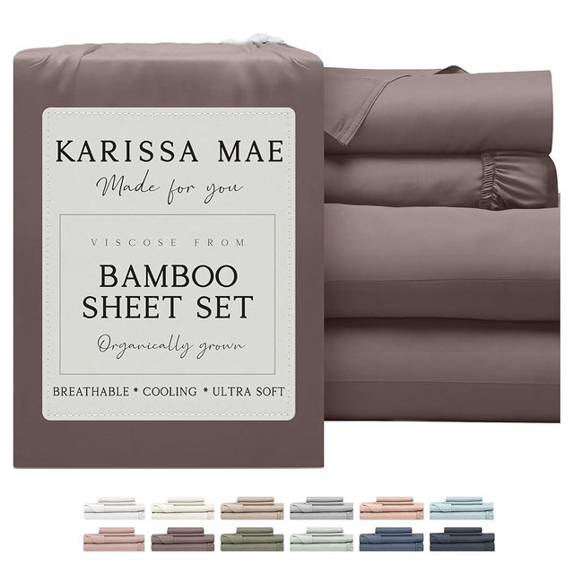 KARISSA MAE Cooling Bamboo Viscose Queen Sheet Set | 100% FSC Certified | 18” Deep Pocket | Silky, Soft, & Hypoallergenic | with Organizer Band & Elastic Corner Straps [Mocha]