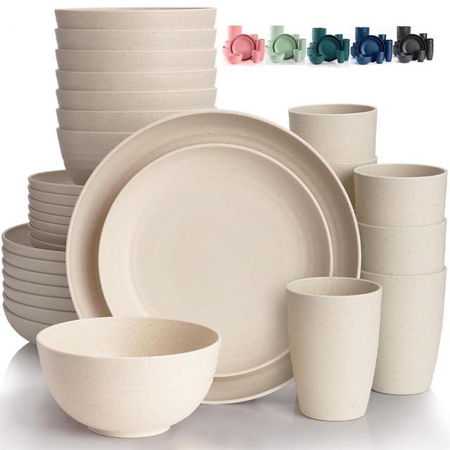 Gudvilla Cream Plastic Plates and Bowls Sets Dishwasher and Microwave Safe Wheat Straw Dinnerware Sets for 8,Reusable Plastic Dishes Set Lightweight Unbreakable for Kitchen Camping Outdoor RV 32 Pcs