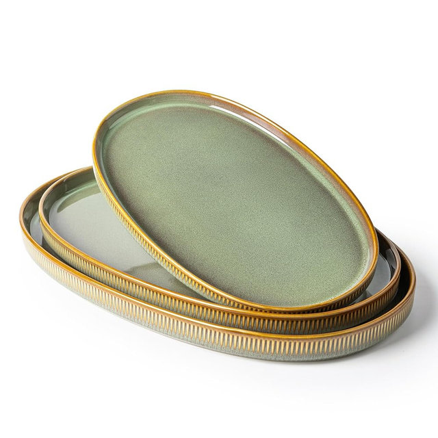 theterra Ceramic Serving Platter, 15.6"/14.4"/12.2" Oval Serving Dishes for Entertaining, Oven Safe, Microwave Safe, Serving Plates Set of 3 for Wedding, Party, Turkey, Sage Umber