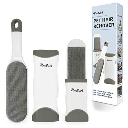 Pet Hair Remover - 1 Double-Sided Standard-Size, 1 Travel Pet Hair Removal Brush, Self-Cleaning Base - Remove Cat and Dog Fur, Lint, Fluff from Carpet, Car Seat, Couch, Clothing, Bedding, Fabric