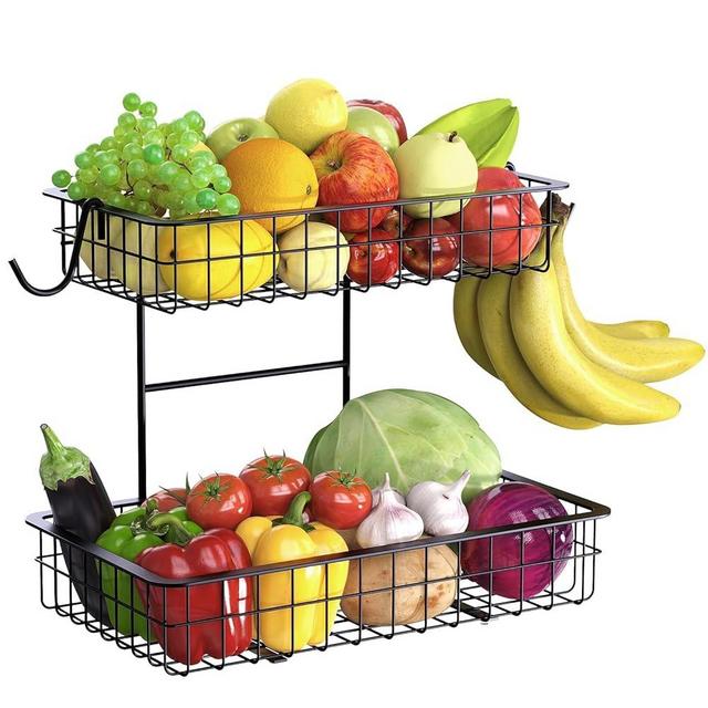 NANAGIFTREE 2 Tier Fruit Vegetables Basket with 2 Banana Hangers, Kitchen Counter Metal Wire Storage Basket Fruits Stand Holder Organizer for Fruit Bread Snack Veggies Produce