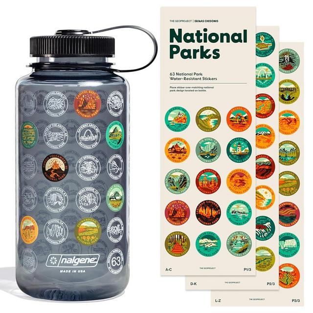 THE GEOPROJECT National Parks Plastic Water Bottle with Stickers Kit, Light Weight Adventure Bottle, Waterproof Stickers for Water Bottle, Wide Mouth Lid Bottle 32oz