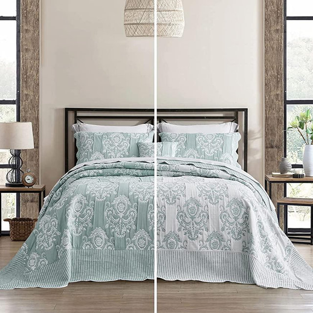 HZ&HY Oversized King Bedspread Green, Jacquard Matelasse Damask Pattern Design, Lightweight, Reversible, 4 Piece, 100% Microfiber, King/Cal King, Green