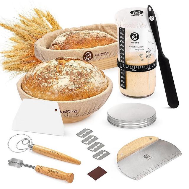 Sourdough Starter Kit - A Complete Sourdough Bread Starter Kit with 10" Round, 11" Oval Proofing Baskets, 24oz Glass Jar, Bread Lame, Danish Whisk, Dough & Bowl Scraper - Sour Dough Starter Kit