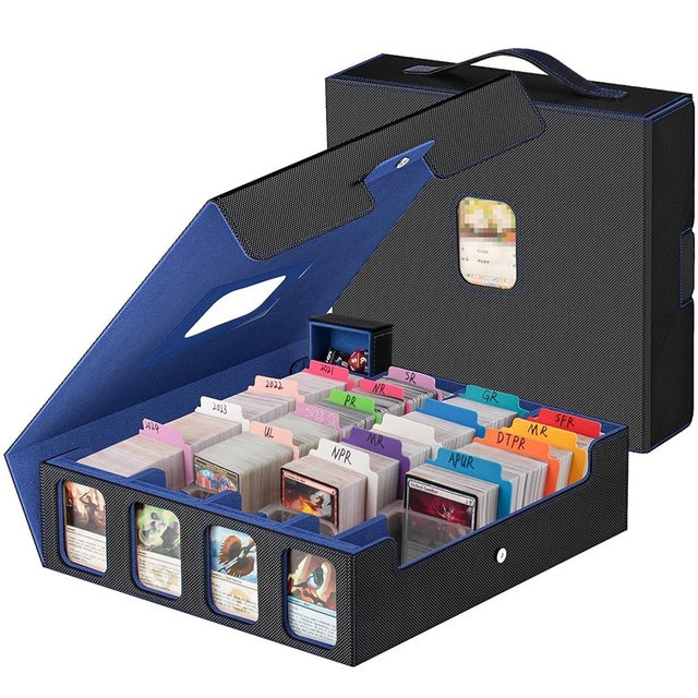 3200+ Trading Card Storage Box with Commander Display, 4-Row TCG Card Box with Portable Handle, Compatible for TCG/MTG/Magic Cards, 30 Colorful Divider, 8 Supporters, US Design Patent (Black&Blue)