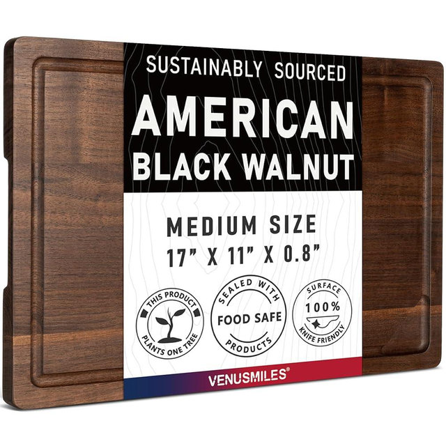 American Black Walnut Cutting Board for Kitchen (17”x11”x0.8”) Pre-Oiled Wooden Chopping Board Walnut End Grain with Juice Groove & Handlers, Reversible Butcher Block