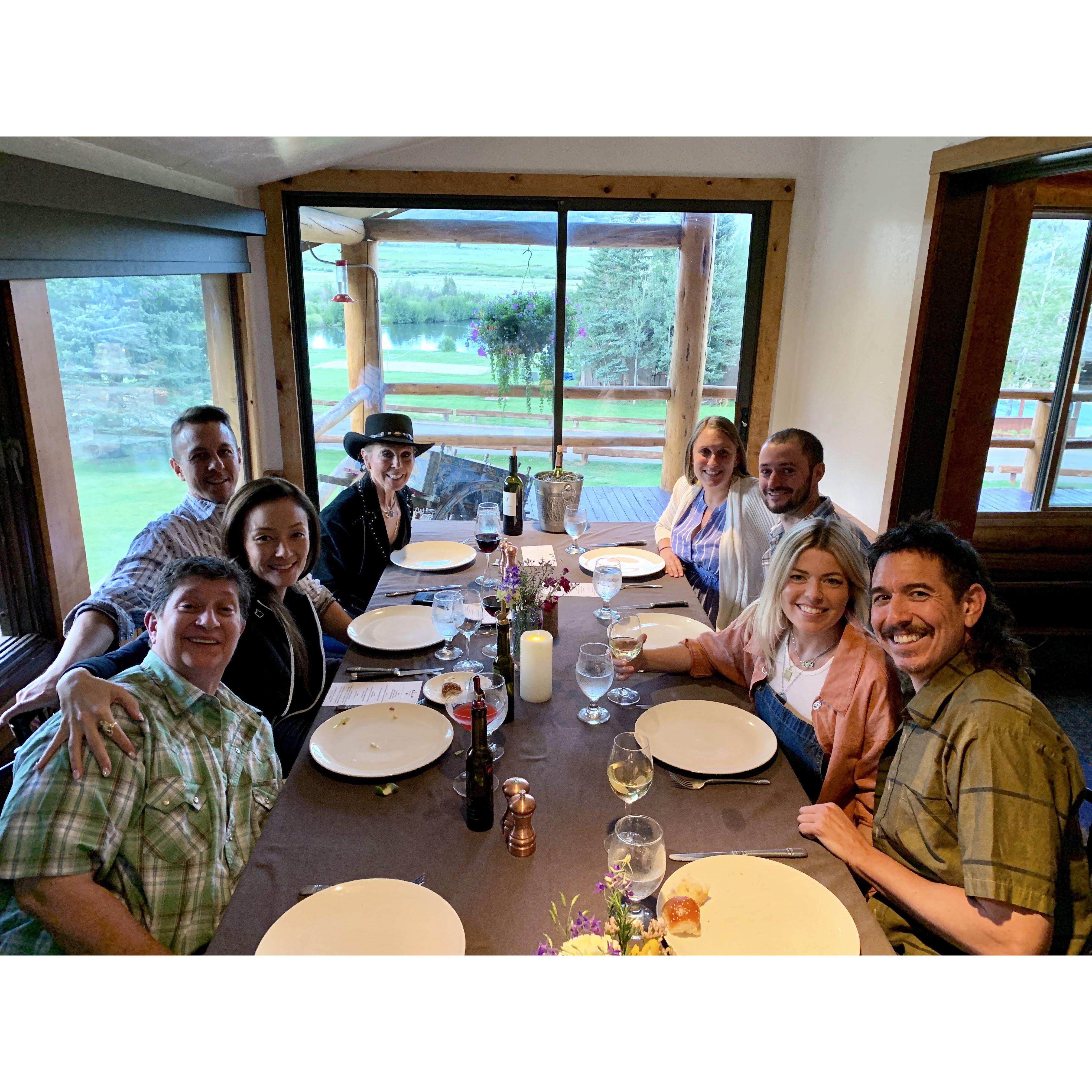 Alex, Jason, and the Briceno fam right before they told them about their engagement.