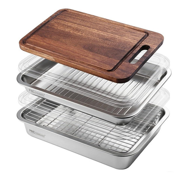 PRC STANDARD Grilling Prep and Serve Trays with Spill-Reducing Lids, 304 Stainless Steel BBQ Grill Carry System with Drain Board & Acacia Cutting Board