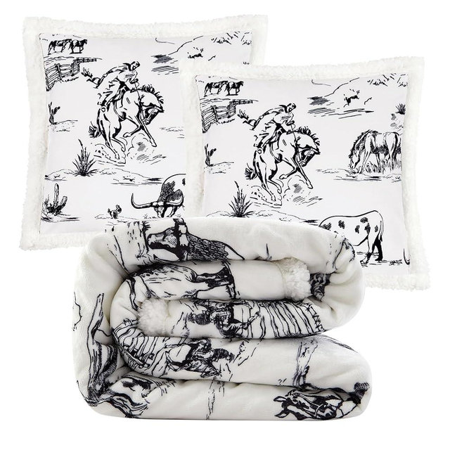 Indigo Hill by HiEnd Accents Ranch Life 3 Piece Sherpa Throw Blanket Set, White Black Cowboy Cow Longhorn Horse Print Fleece Throw Set, Western Rustic Style, 1 Throw and 2 Pillows