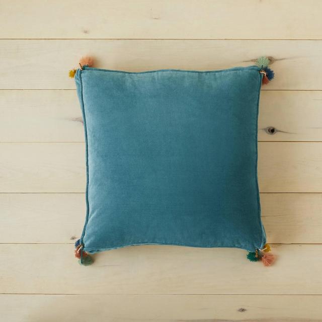 Oversized Solid Velvet Square Floor Pillow with Tassels Teal - Opalhouse™ designed with Jungalow™