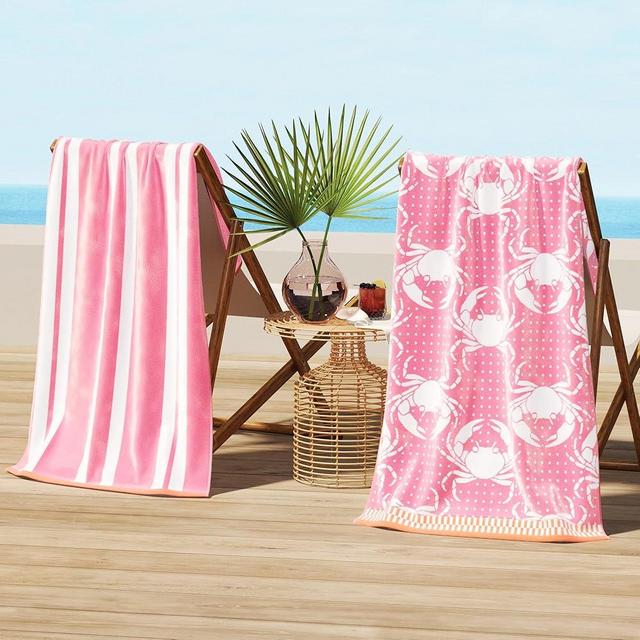 Great Bay Home 100% Cotton Beach Towels | 2 Pack of 30 x 60" Navy Pool Towels for Adults and Kids | Absorbent & Quick Dry Towels (Pink/White Crabs/Stripes)