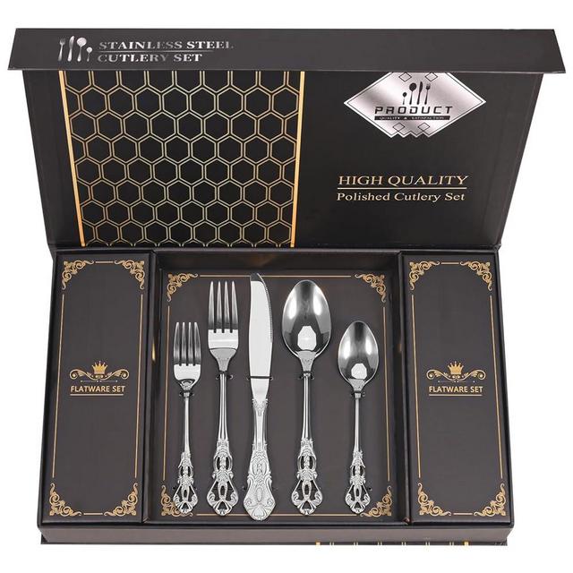 Retro Royal Silverware Set With Gift Box For 8 Cutlery Set Utensils Stainless Steel Flatware 40 Pieces MIKIWAY Kitchen Tableware Set For Gifts Festive, Dishwasher Safe, Mirror Polishing