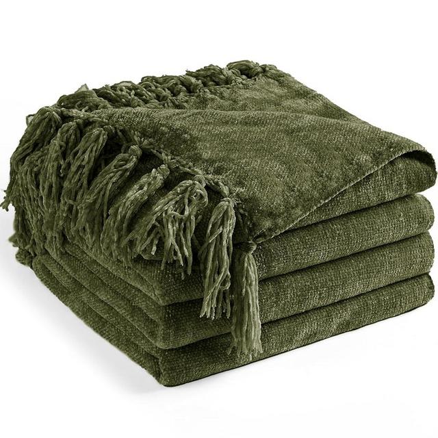 LONG CREATE Chenille Throw Blanket for Couch 60"X 80" Twin, Soft Cozy Throw Blanket with Fringe Tassel for Bed Sofa Chair, Lightweight Knitted Decorative Farmhouse Boho Blanket for Gift,Olive Green