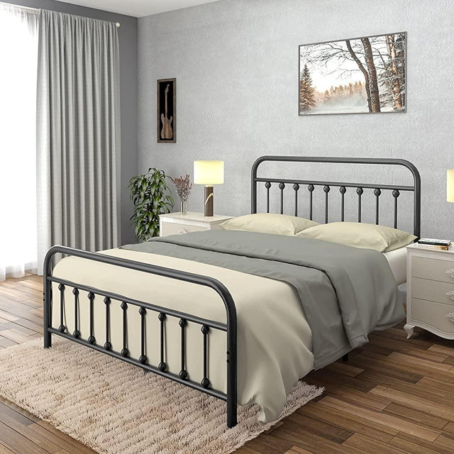 AMBEE21 Vintage Queen Metal Bed Frame with Headboard and Footboard Platform/Wrought Iron/Heavy Duty/Solid Sturdy Metal Slat/Black/No Box Spring Needed/Industrial & Farmhouse