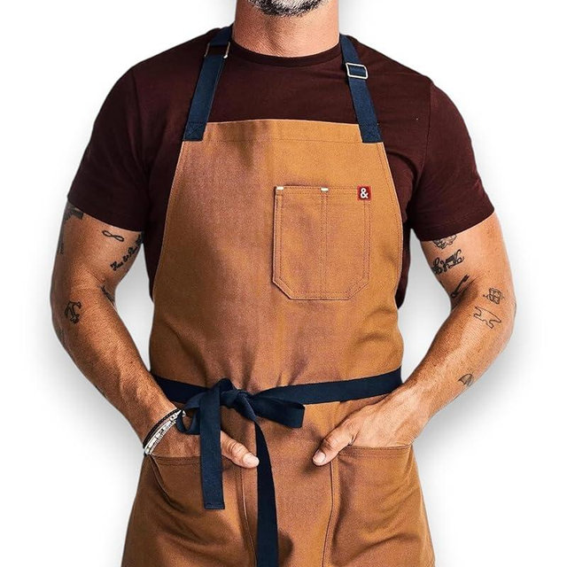 hedley & bennett Essential Apron - Adjustable Bib Chef Apron with 3 Pockets & Towel Loop - 8oz Cotton Canvas - Denver Brown