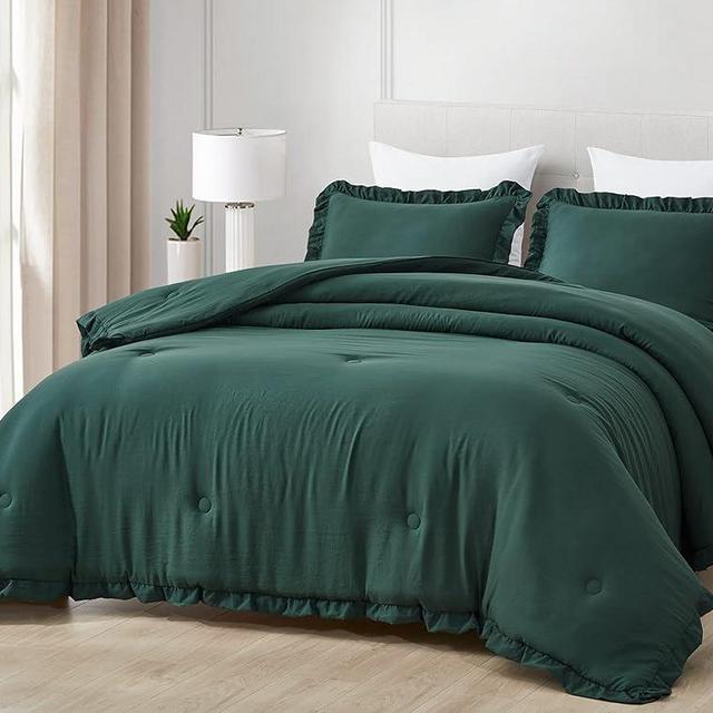 Chezmoi Collection Nora Emerald Green Comforter Set Queen Size 3-Piece Lightweight Fluffy Soft Lightweight Bedding Ruffled Edge Trim Stone-Washed Microfiber Comforter Set for All Season