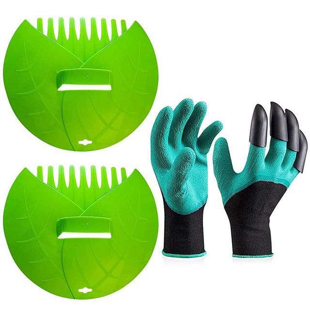 Lilly Bug Pair of Leaf Scoops Yard Hand Rake Ergonomic Heavy Duty Plastic Durable Green with Gardening Gloves
