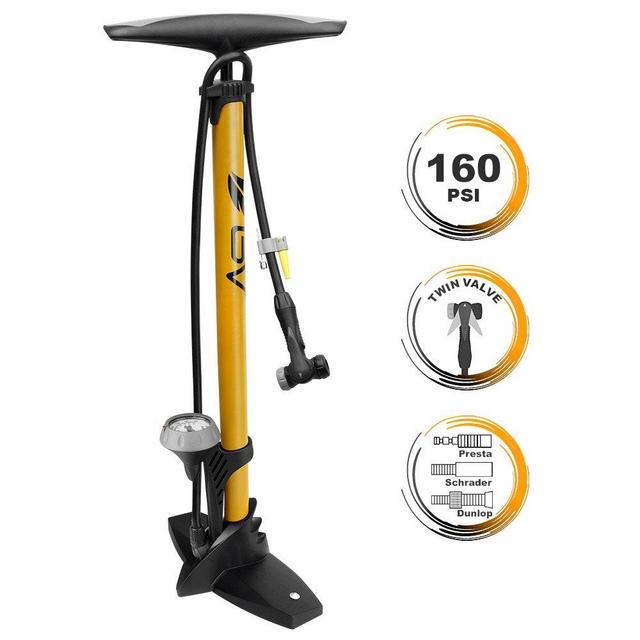 BV Bicycle Ergonomic Bike Floor Pump with Gauge & Smart Valve Head, 160 psi, Automatically Reversible Presta and Schrader
