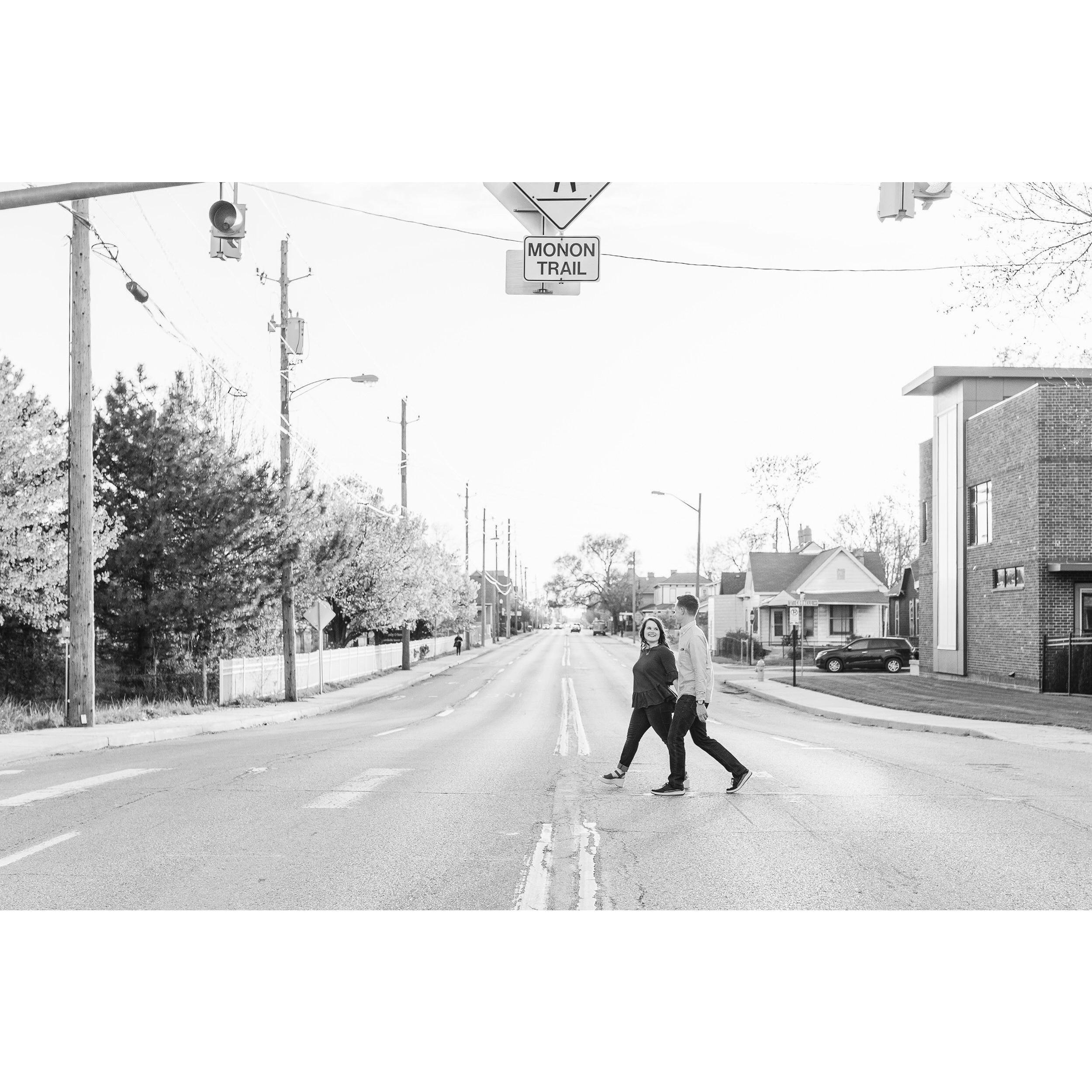 One of our engagement pictures! I love this one because of the "monon trail" sign. Our first date, we biked on the monon trail and went to Broadripple Brewpub.