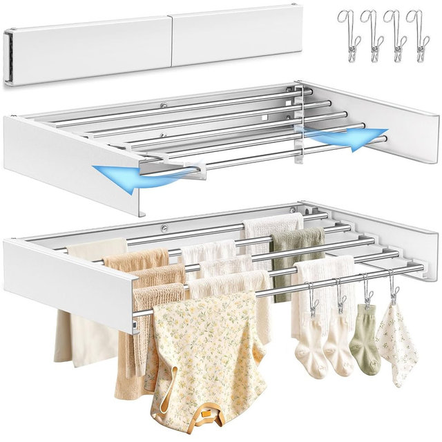 HOIGRBOM 32'' Wall Mounted Clothes Drying Rack, Foldable & Collapsible Wall Mount Laundry Rack w/ 5 Thickened Rods & 4 Hooks, Space Saver Hanging Drying Rack Clothing for Laundry Room Bathroom Indoor