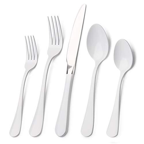 White Silverware Set, Bysta 20-Piece Stainless Steel Flatware Set, Kitchen Utensil Set Service for 4, Tableware Cutlery Set for Home and Restaurant, Knives mirror polish, Dishwasher Safe