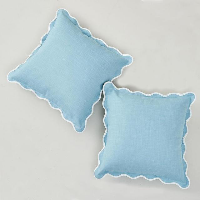 Mayler Yee Scalloped Throw Pillow Covers Set of 2 for Living Room, Soft Cotton & Cozy Linen, Boho Sytle Decorative Home (Blue, 20x20 Inch)