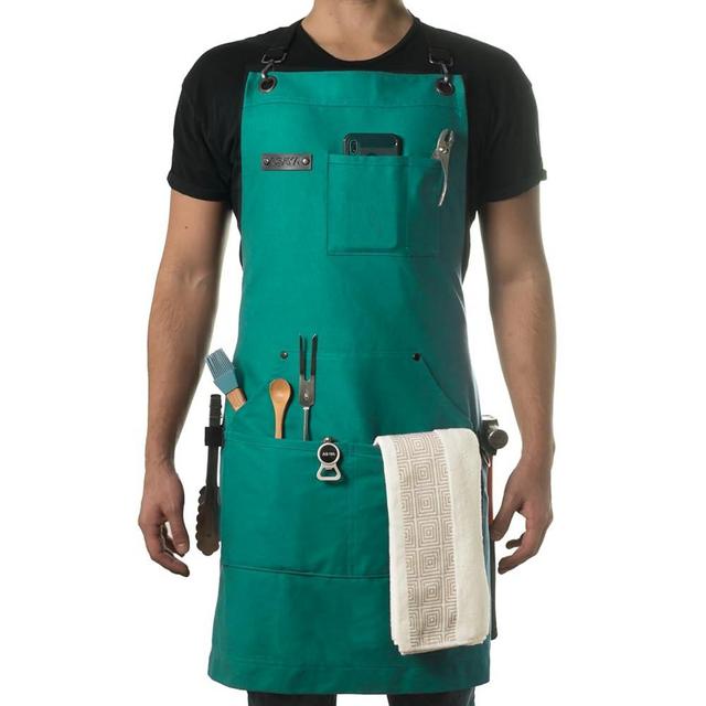 Asaya Chef and BBQ Apron with Bottle Opener and Hand Towel - 10oz Cotton Canvas, Stainless Steel Hardware - Cross Back Straps
