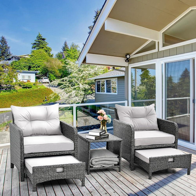 Pamapic 5 Pieces Outdoor Patio Chairs with Ottomans, Wicker Patio Furniture Set Outdoor, Patio Chairs Conversation Furniture with Coffee Table for Poolside Garden Balcony (Grey)