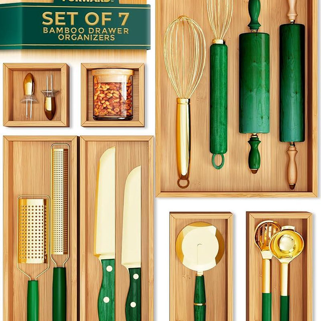 Grow Forward Bamboo Drawer Organizer Boxes - Set of 7 Wooden Drawer Organizers for Kitchen, Bathroom, Office, Desk, Vanity, Makeup - Non-Slip Junk Drawer Organizer Trays for Storage and Organization