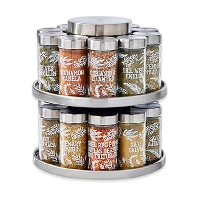 Kamenstein 20 Jar Revolving Spice Rack with Integrated Tool Caddy, Brushed Stainless Steel with Stainless Steel Caps