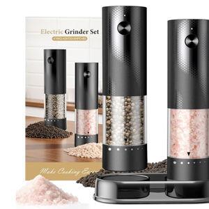 Electric Salt and Pepper Grinder Set - Rechargeable Automatic Salt and Pepper Shakers, Kitchen Appliances with External Adjustable Coarseness, Larger Hopper for Cooking, Home Gifts(2 Pack,Black/Black)