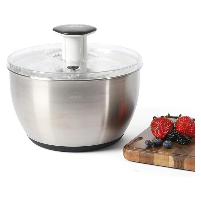 Calphalon Aero 6.3 Qt Stainless Steel Salad Spinner, Fruit Washer, Fruit Washing Bowl with Strainer
