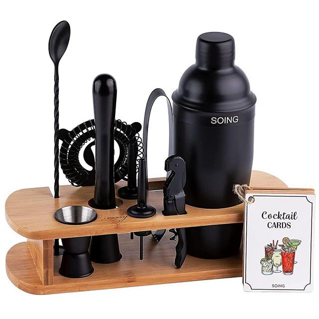 SOING Bartender Kit,11-Piece Bar Tools Set with Stylish Stand,Perfect Home Cocktail Shaker Set and Martini Set for Drink Mixing,Cocktail Recipes Cards (Black)