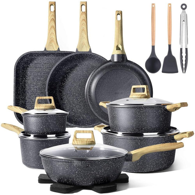 GiPP 21Psc Pots and Pans Set Non Stick - Grey Granite Kitchen Cookware Sets Nonstick Induction Cookware Non-toxic Cooking Pan Set with Silicone Utensils, PFOS and PFOA Free