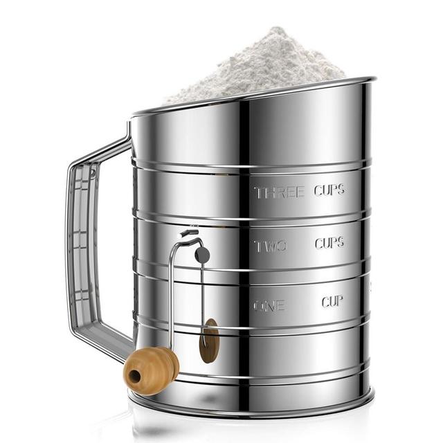 Flour Sifter for Baking, Stainless Steel 3 Cup Flour Sifter with Rotary Hand Crank, Fine Mesh and Agitator Flour Duster, Esvopa