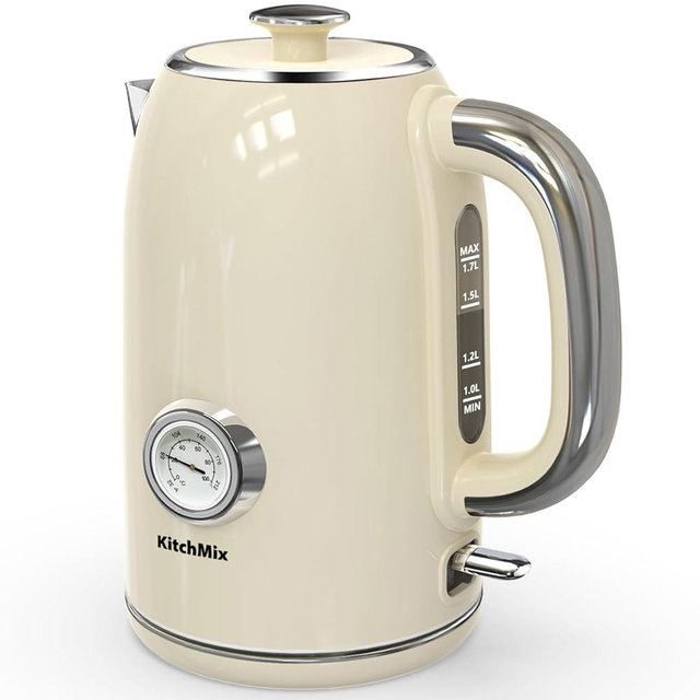 Electric Kettles1500W, 1.7L Stainless Steel Tea Kettle with Thermometer, Auto Shut-Off & Boil-Dry, Cool Touch Handle, BPA Free Kettle & Hot Water Kettle (Beige)