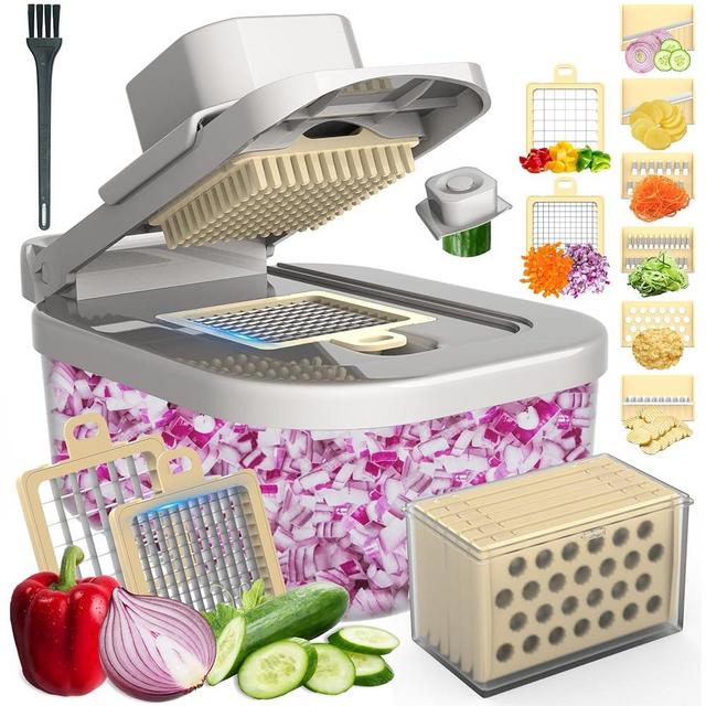 Sienfix 11-in-1 Mandoline Slicer for Kitchen, Food Chopper with Container, Vegetable Dicer Onion Slicer, Veggie Cutter for Fruit Salad Kitchen Gadgets Essential Tools (Beige)