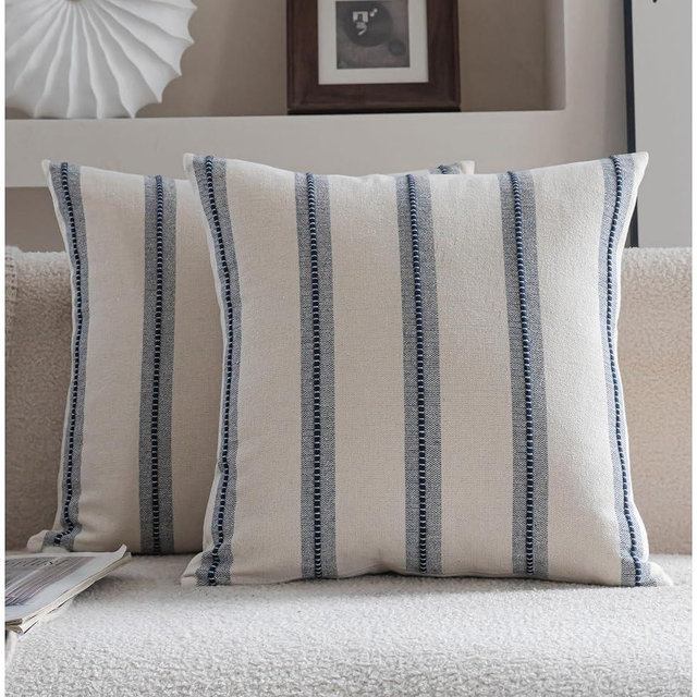 Cethom Boho Throw Pillow Covers 22x22 Set of 2, Navy Blue Striped Decorative Pillow Cases for Couch Chair Bed, Textured Farmhouse Modern Accent Cushion Covers for Living Room Bedroom Sofa Home Decor