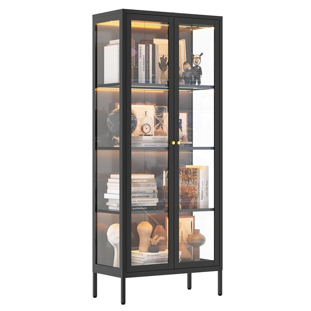 UNICOLY Display Cabinet with Glass Doors, Glass Display Cabinet with Lights, Curio Display Cabinet with 3 Shelves, Metal Storage Cabinet with 3 Color LED Lights for Bedroom, Living Room.Black