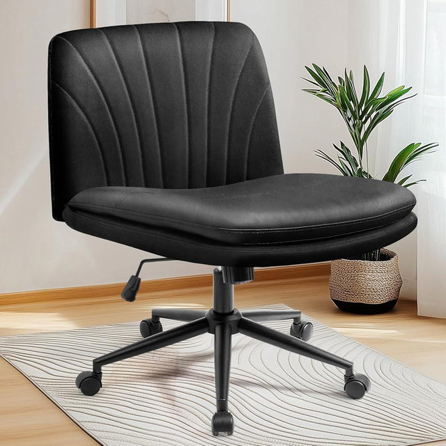 NEO CHAIR Criss Cross Chair with Wheels Armless Cross Legged Office Desk Wide Comfy Vanity Makeup Chair Adjustable Swivel Rolling Computer for Home Office PU Leather (Black)