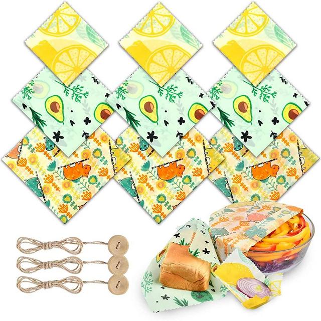 9 Packs Reusable Beeswax Food Wrap, Eco-friendly Organic Beeswax Paper Sheets, Alternative Plastic Food Wrap with Sealing Ropes, Sustainable Natural Food Storage Wraps for Cheese Bread Sandwich Fruit