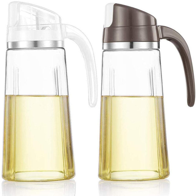 Marbrasse Oil Dispenser for Kitchen,20 OZ /600ml Leakproof Glass Oil Bottle Olive Oil Container with Auto Flip Cap,Olive Oil Dispenser Bottle for Kitchen Cooking(1 Pcs White + 1 Pcs Brown)