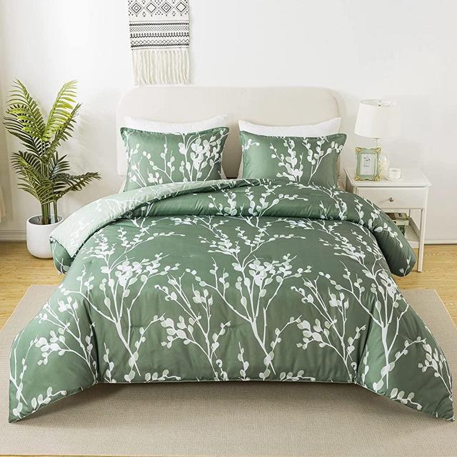 Andency Green Branches Comforter Set Queen Size (90x90 Inch) - Reversible Flower Plum Blossom Bed Set 3 Pieces Bed in a Bag Soft Lightweight Microfiber Comforter Bedding Set