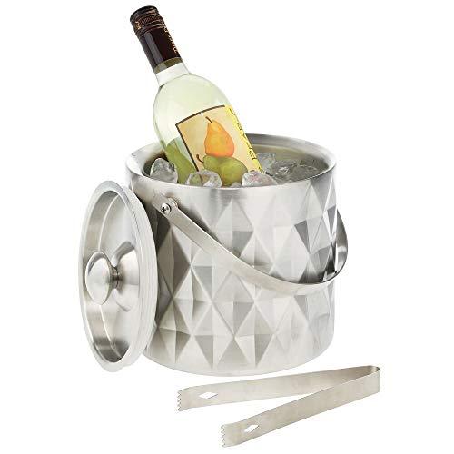 mDesign Modern Ice Bucket with Lid, Tongs and Handle - Double Wall Insulated Stainless Steel - for Entertaining, Parties, Barware - Holds Ice Cubes, Wine, Champagne - Brushed Stainless Steel