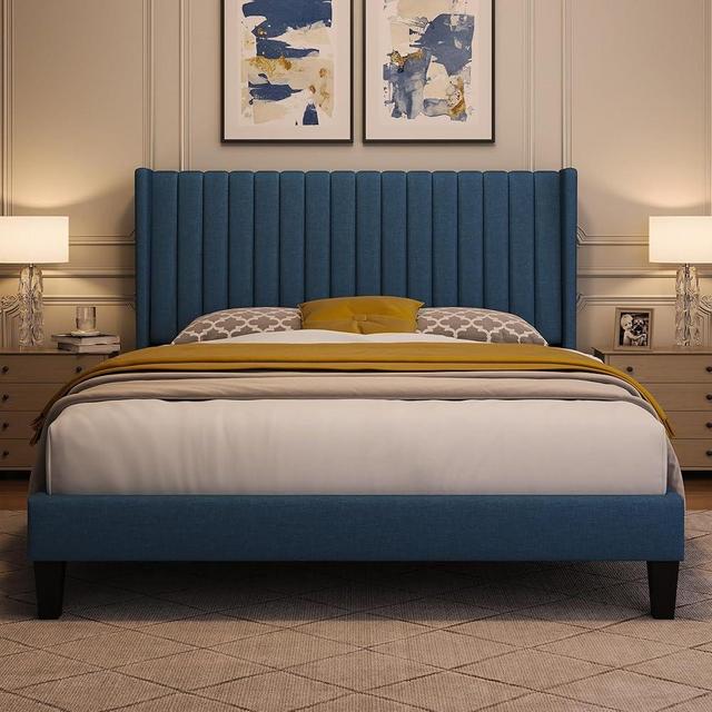 Yaheetech Queen Bed Frame Upholstered Platform Bed with Fabric Headboard, Wing Edge Design/Non-Slip and Noise-Free/Wooden Slats Support/No Box Spring Needed/Easy Assembly, Navy Blue Queen Bed