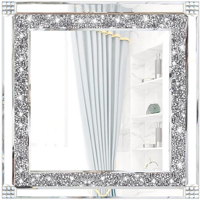 ZOLAPI Crystal Rhinestone Diamond Wall Mirror.Brilliant Hand-Spliced Glass Mirror.Accent Decorative Mirror for Hallway/Bathroom/Bedroom（20”x20”）