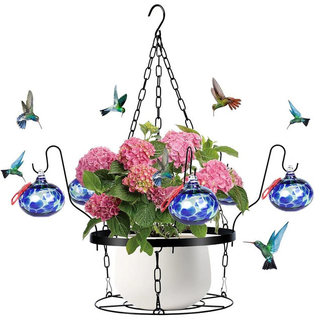 HEADAK LIFE Hand Blown Glass Hummingbird Feeders for Outdoors with Hanging Planter(11 inch),Metal Hanging Plant Holder and Glass Hummingbird Feeder 2-in-1(POTS NOT Included)